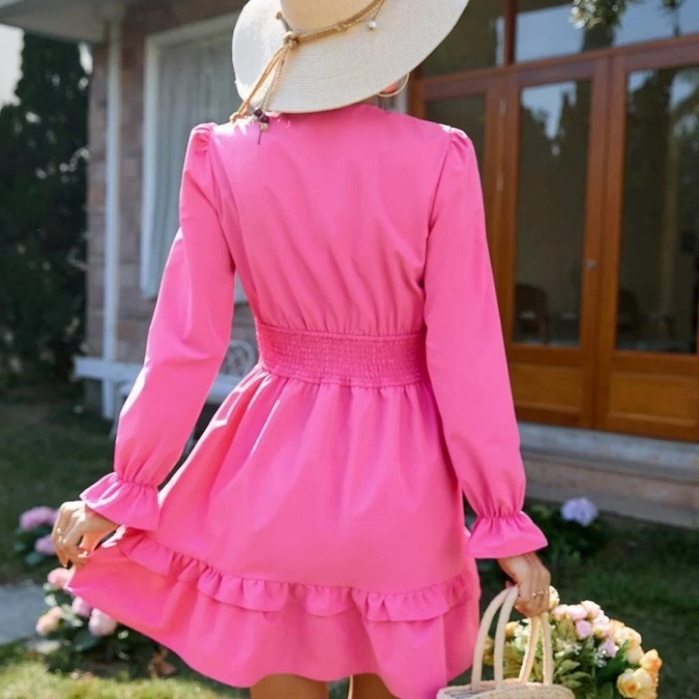 Pink Knot Front Shirred Waist Flounce Sleeve Ruffle Hem Dress - Picture 3 of 5